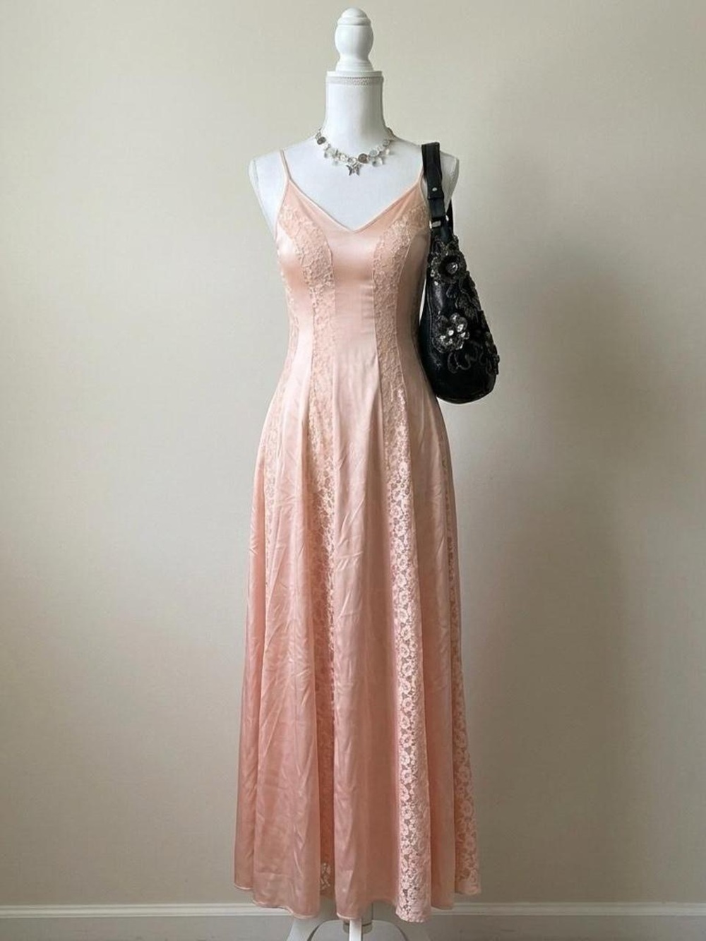 vintage 70s pink tinted maxi lace nylon dress nightgown size small by Olga